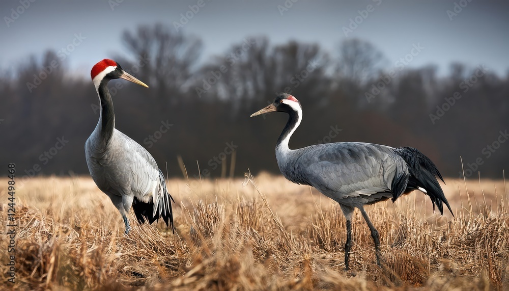 Obraz premium Majestic Common Crane in Flight Against a Sunlit Backdrop of Golden Fields, Striking a Poetic Tableau of Natures Embrace at Dawn