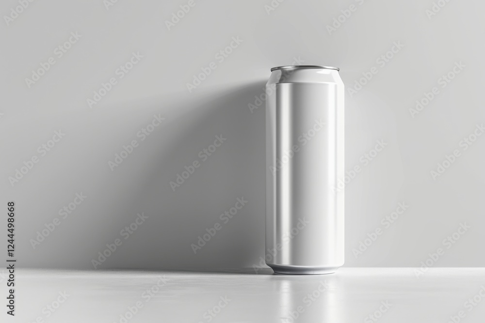 High-quality vector artwork of a white aluminum drink can, showcasing a polished metallic finish and precise lines, against a light gradient background High-quality vector artwork of a white aluminum drink can, showcasing a polished metallic finish and precise lines, against a light gradient background