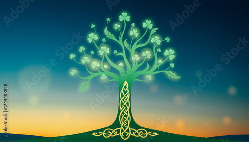 Symbolic Celtic tree of life with glowing shamrock leaves, blending Irish heritage and nature at sunset. photo