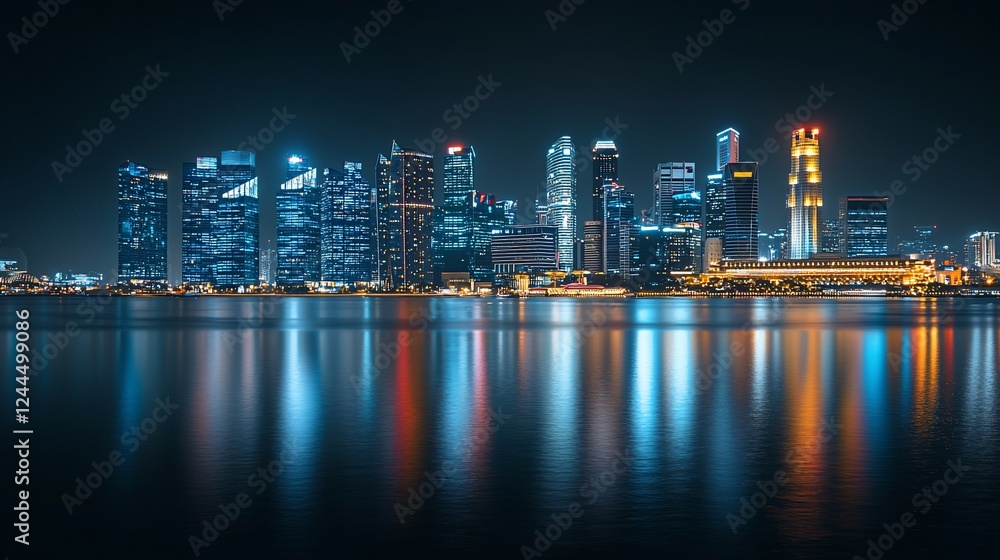 Obraz premium Night cityscape, harbor reflection, urban skyline, Asia