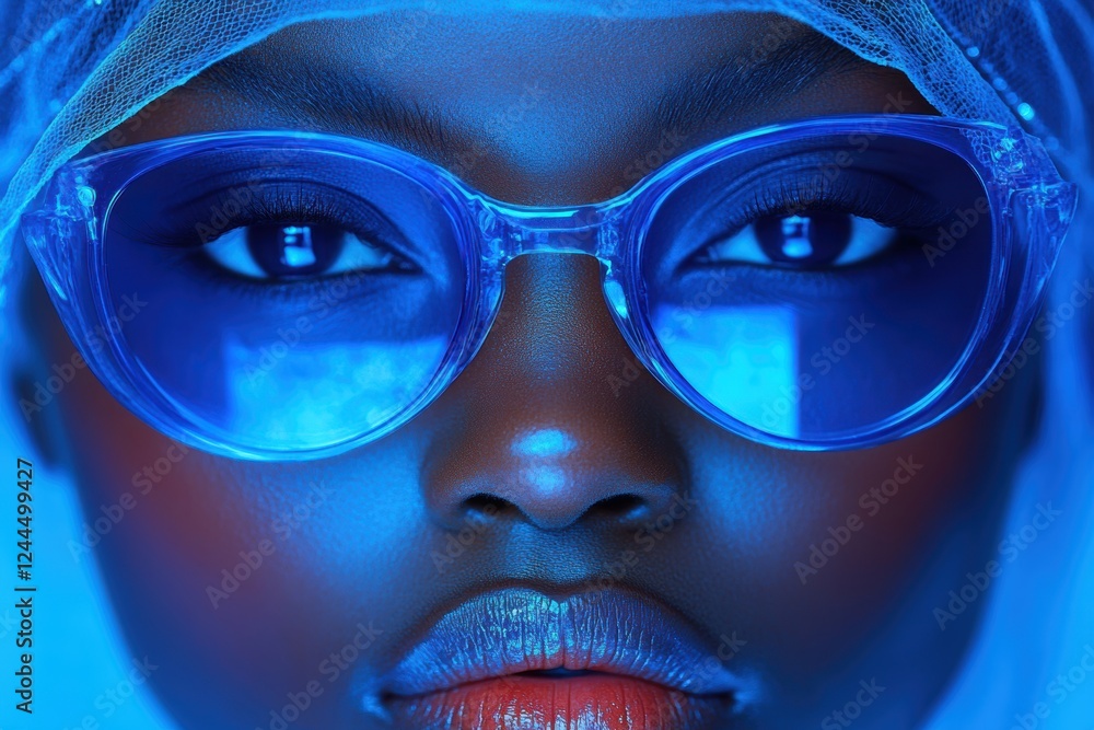 Close-up of a person wearing stylish blue sunglasses with vibrant lighting. Close-up of a person wearing stylish blue sunglasses with vibrant lighting.