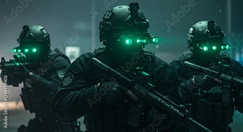 Special forces tactical unit wearing night vision equipment during dark operation. Military squad in combat gear with glowing green goggles. Modern warfare and security concept.