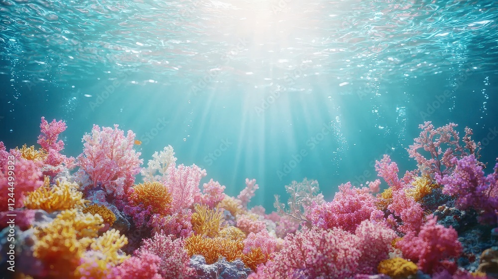 Fototapeta premium Vibrant underwater scene showcasing a variety of colorful corals illuminated by sunlight, highlighting the beauty of marine ecosystems and biodiversity.