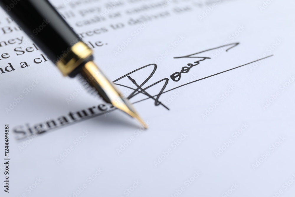 Fountain pen leaving signature on contract, closeup Fountain pen leaving signature on contract, closeup