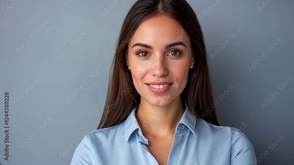 Happy young smiling confident professional business woman wearing blue shirt, pretty stylish female executive looking at camera, standing arms crossed isolated at gray background, Happy young smiling confident professional business woman wearing blue shirt, pretty stylish female executive looking at camera, standing arms crossed isolated at gray background,