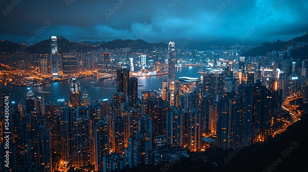 Obraz premium Night Hong Kong skyline, harbor, city lights, mountains, urban landscape, travel
