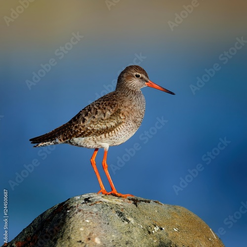 Vibrant Common Redshank Perched on Stone against a Dramatic BrownBlue Backdrop, Showcasing the Agile Grace of This Shorebird in Coastal Environment photo