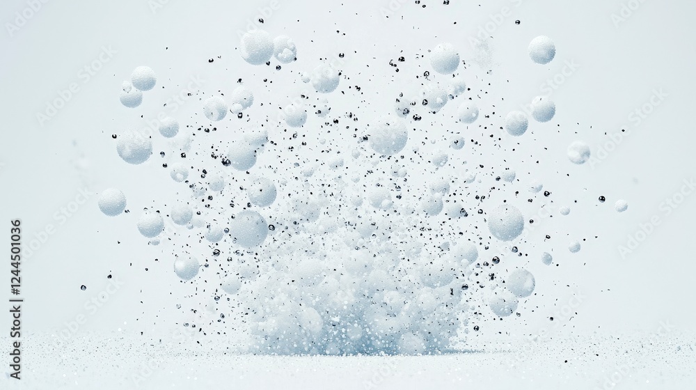 A captivating explosion of white and gray spheres creates a dynamic visual effect, showcasing artistic motion and fluidity against a minimalistic background. A captivating explosion of white and gray spheres creates a dynamic visual effect, showcasing artistic motion and fluidity against a minimalistic background.