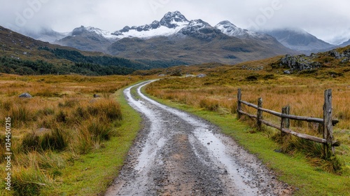 Scottish Highlands road, snowy mountains, autumn landscape, travel photography photo