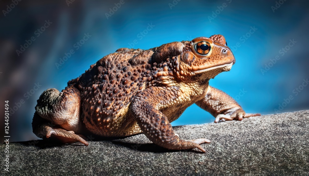 Striking Closeup of a Common Toad, Bufo bufo, Basking on Mossy Rocks at Dusk in a Serene Forest Clearing, Showcasing Detailed Textures and Vibrant Green Surroundings. Striking Closeup of a Common Toad, Bufo bufo, Basking on Mossy Rocks at Dusk in a Serene Forest Clearing, Showcasing Detailed Textures and Vibrant Green Surroundings.