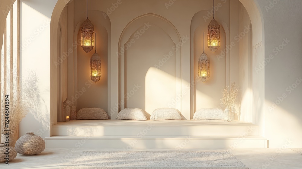 A simple Ramadan podium with minimalist decorations, featuring tiny lantern motifs, a soft color palette, and subtle lighting, creating a peaceful festive atmosphere A simple Ramadan podium with minimalist decorations, featuring tiny lantern motifs, a soft color palette, and subtle lighting, creating a peaceful festive atmosphere