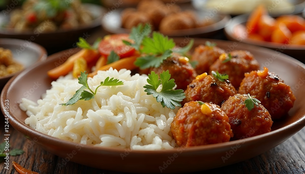 Delicious Spicy Meatballs with Rice and Veggies Delicious Spicy Meatballs with Rice and Veggies