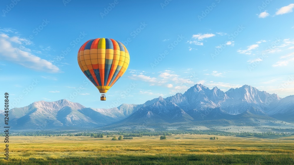 Naklejka premium A vibrant hot air balloon floats gracefully above a vast landscape, showcasing stunning mountains and a clear blue sky, symbolizing adventure and freedom.