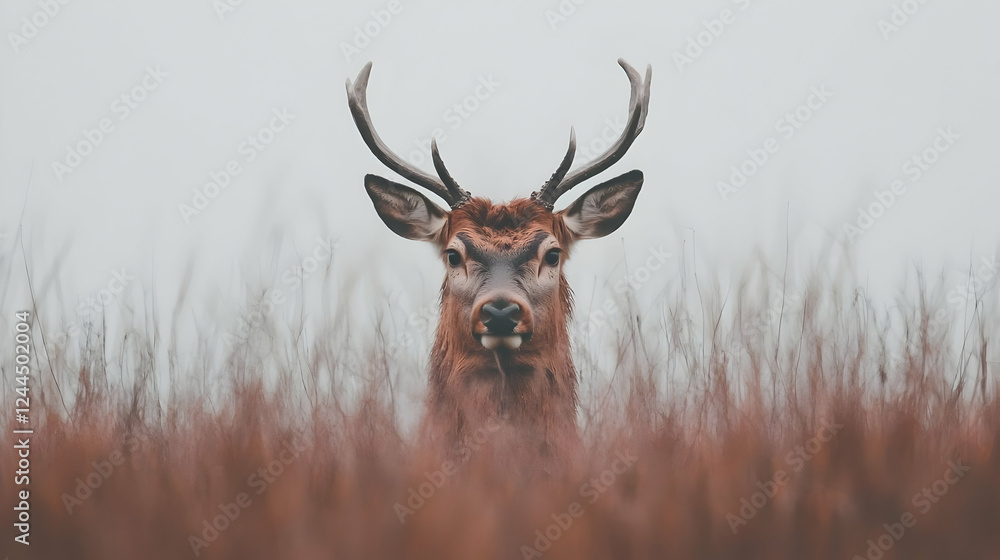 Majestic red deer stares, autumn field, misty day, wildlife poster Majestic red deer stares, autumn field, misty day, wildlife poster