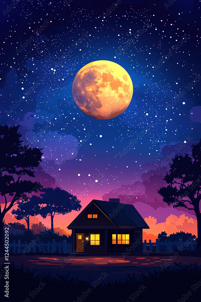 Fototapeta premium Small wooden house illuminated by the light of a full moon