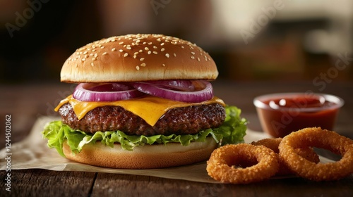 Delicious beef burger topped with fresh lettuce, onion, and cheddar cheese served with crunchy onion rings and dipping sauce