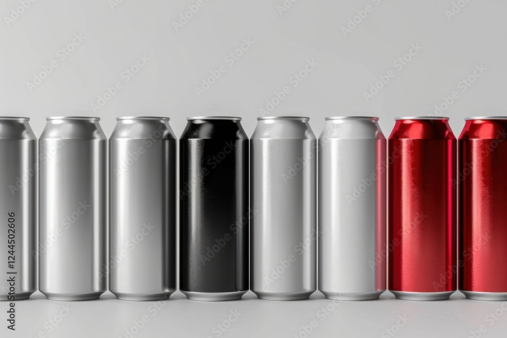 High-quality 3D render of aluminum slim cans in silver, white, black, and red, arranged on an isolated white background, perfect for beer can mockup templates High-quality 3D render of aluminum slim cans in silver, white, black, and red, arranged on an isolated white background, perfect for beer can mockup templates