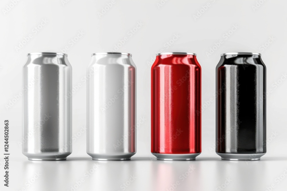 High-quality 3D render of aluminum slim cans in silver, white, black, and red, arranged on an isolated white background, perfect for beer can mockup templates High-quality 3D render of aluminum slim cans in silver, white, black, and red, arranged on an isolated white background, perfect for beer can mockup templates