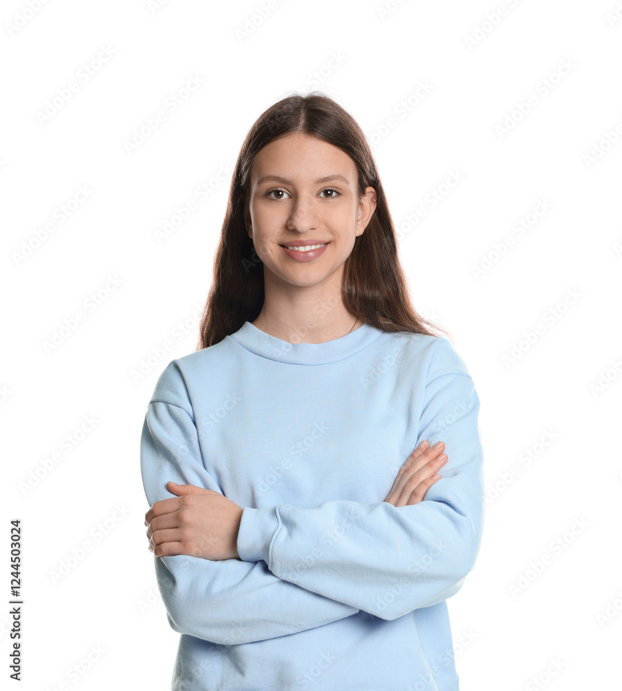 Portrait of smiling teenage girl with crossed arms on white background Portrait of smiling teenage girl with crossed arms on white background