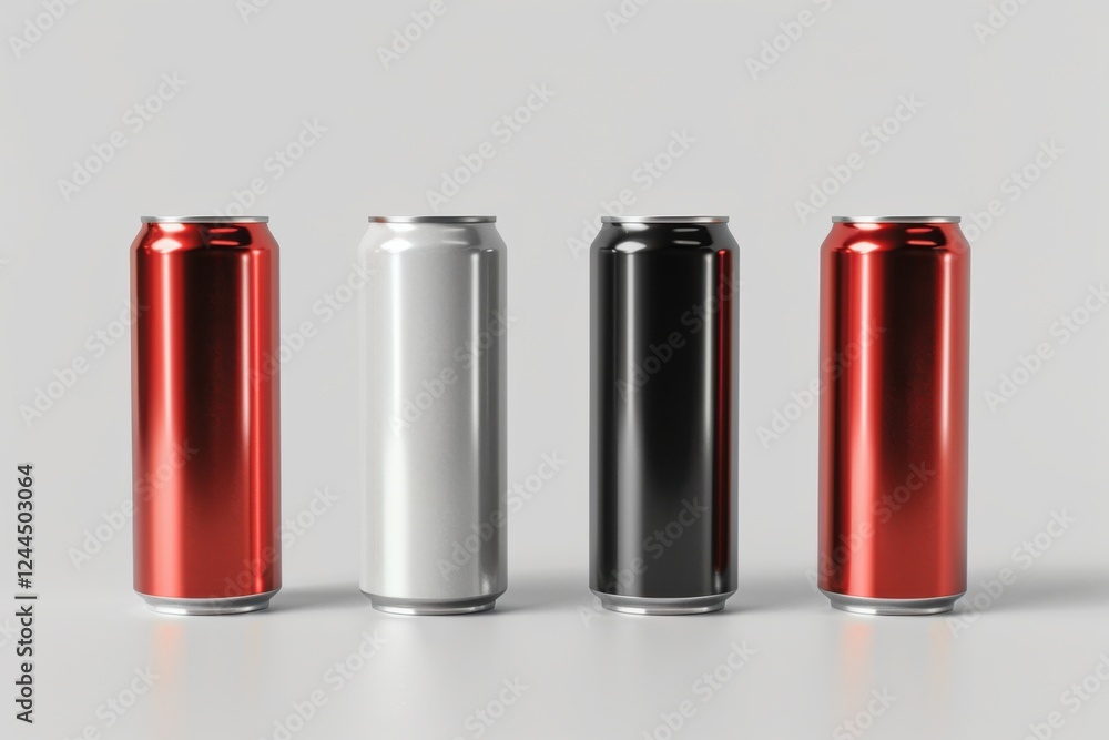 High-quality 3D render of aluminum slim cans in silver, white, black, and red, arranged on an isolated white background, perfect for beer can mockup templates High-quality 3D render of aluminum slim cans in silver, white, black, and red, arranged on an isolated white background, perfect for beer can mockup templates