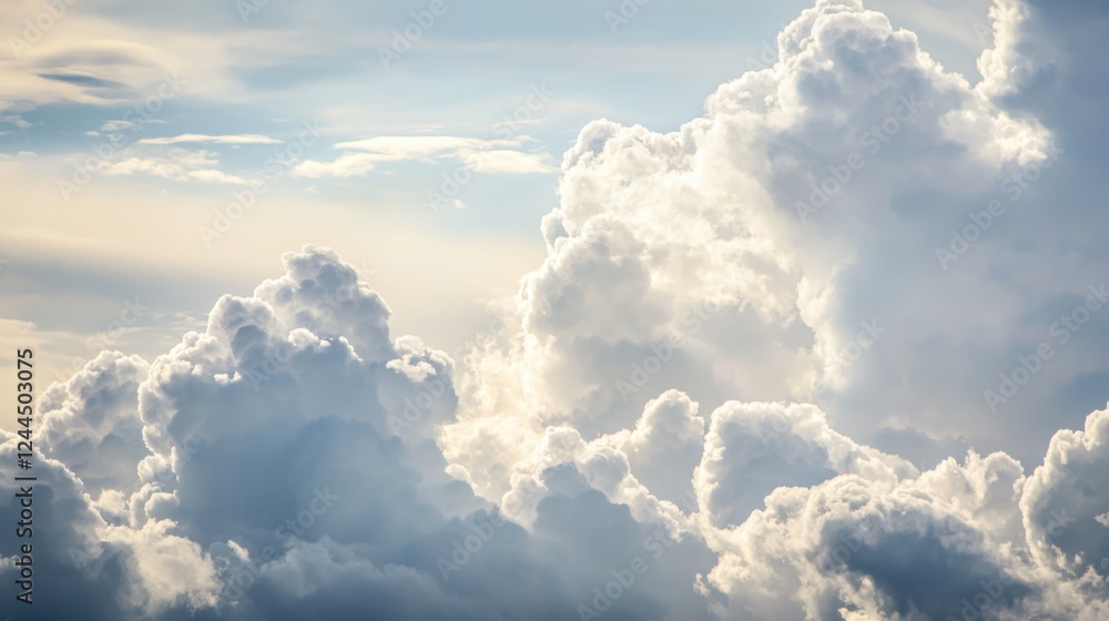 Cloudy sky background with thick, fluffy clouds in varying shades of blue, gray and white