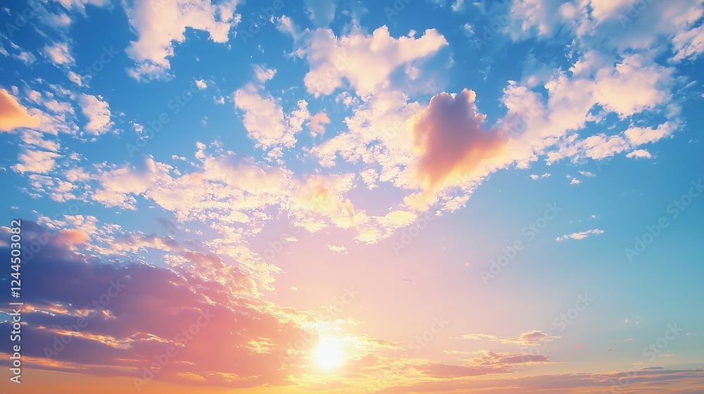 Sunset or sunrise sky background with thick, fluffy clouds in varying shades of blue, gray and white Sunset or sunrise sky background with thick, fluffy clouds in varying shades of blue, gray and white