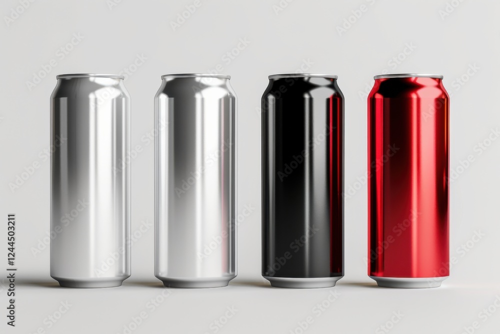 High-quality 3D render of aluminum slim cans in silver, white, black, and red, arranged on an isolated white background, perfect for beer can mockup templates High-quality 3D render of aluminum slim cans in silver, white, black, and red, arranged on an isolated white background, perfect for beer can mockup templates