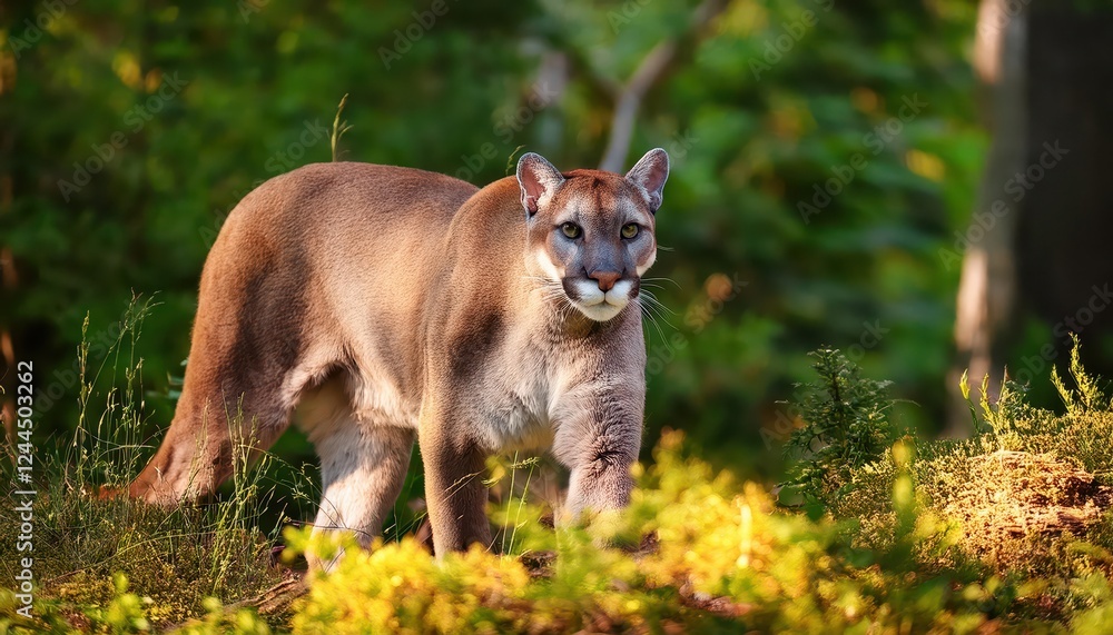 Vigilant Mountain Lion Stalking through a Lush Summer Forest, Capturing the Wild Spirit of North Americas Majestic Big Cats in a Breathtaking Scene. Vigilant Mountain Lion Stalking through a Lush Summer Forest, Capturing the Wild Spirit of North Americas Majestic Big Cats in a Breathtaking Scene.