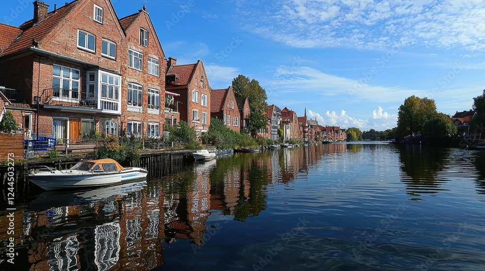 Obraz premium Scenic view of waterfront houses reflecting in calm water under a blue sky.