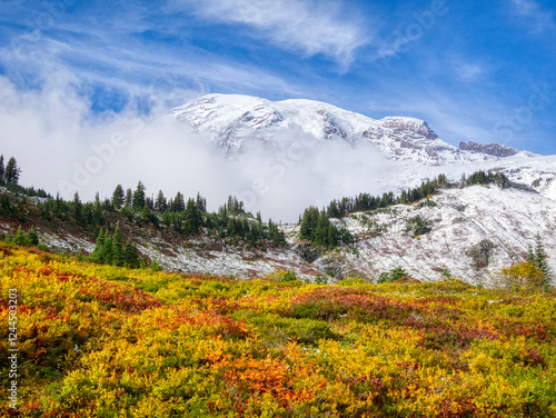Washington State, Mount Rainier National Park. Mount Rainier with vibrant aut...