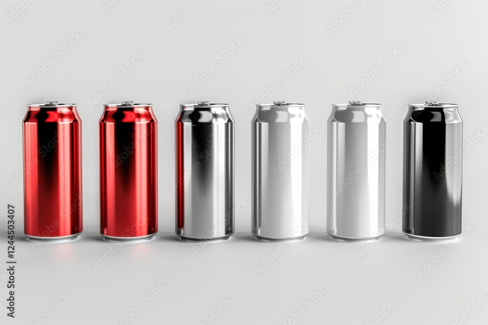 High-quality 3D render of aluminum slim cans in silver, white, black, and red, arranged on an isolated white background, perfect for beer can mockup templates High-quality 3D render of aluminum slim cans in silver, white, black, and red, arranged on an isolated white background, perfect for beer can mockup templates