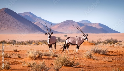 Striking Encounter Majestic Oryx Duo Roaming the SunScorched Namib Desert, Under a Backdrop of Dusky Hues and Spectacular Rock Formations, Showcasing the Timeless Beauty of Namibias Barren photo