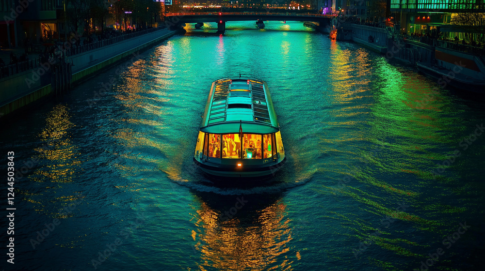 Boat cruising along a glowing neon-green river at night, surrounded by city lights reflecting on the water, creating a surreal and otherworldly atmosphere. Generative AI Boat cruising along a glowing neon-green river at night, surrounded by city lights reflecting on the water, creating a surreal and otherworldly atmosphere. Generative AI