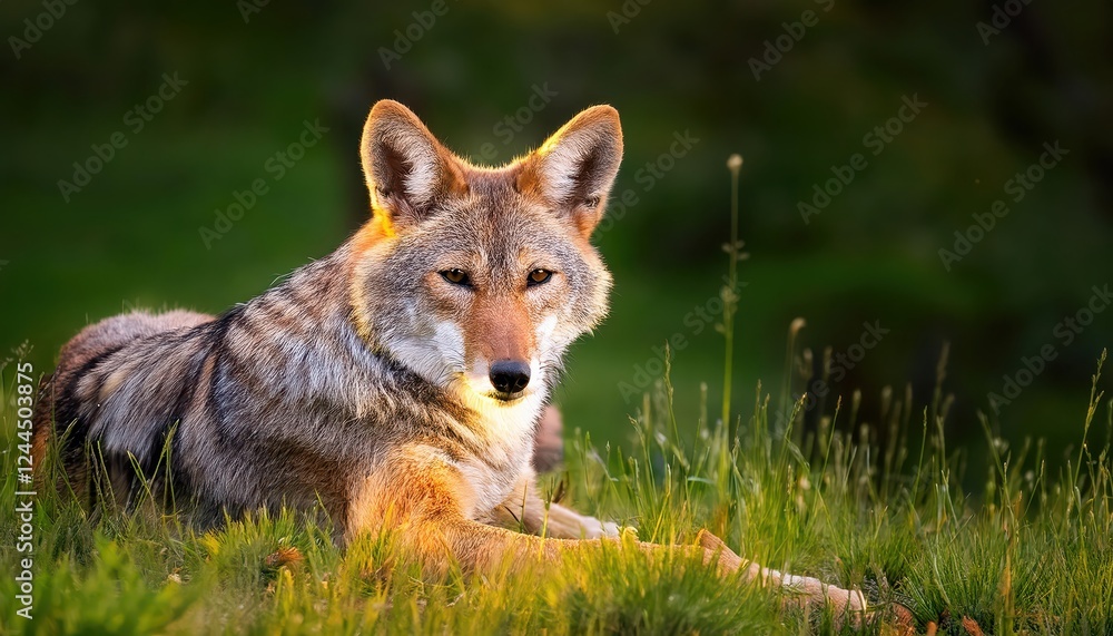 Naklejka premium Peaceful Closeup of a Coyote Nestled Among Grass, Capturing the Serene Wildlife Scene on a Morning in the American Southwest.