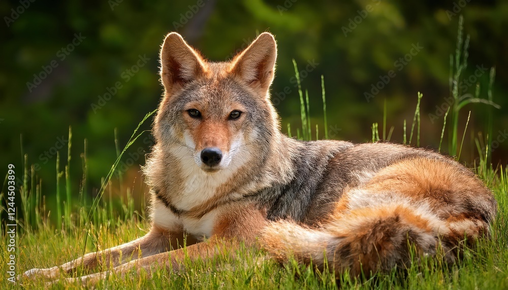 Naklejka premium Striking Closeup of a Resting Coyote Canis latrans Amidst Lush Grassland at Sunrise, Capturing Serene Moments in the Wild