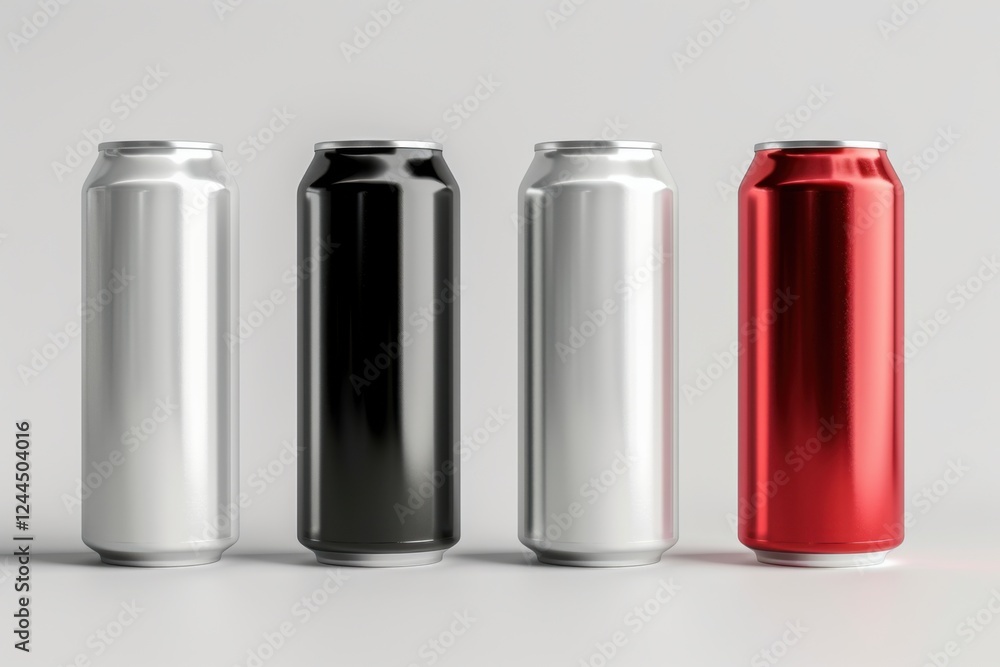 High-quality 3D render of aluminum slim cans in silver, white, black, and red, arranged on an isolated white background, perfect for beer can mockup templates High-quality 3D render of aluminum slim cans in silver, white, black, and red, arranged on an isolated white background, perfect for beer can mockup templates