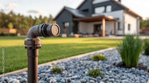 Wallpaper Mural Close-up of a water pipe next to gravel and lawn in a garden, with a modern house in the distance, creating a scene of practical utility within a contemporary outdoor setting. Torontodigital.ca