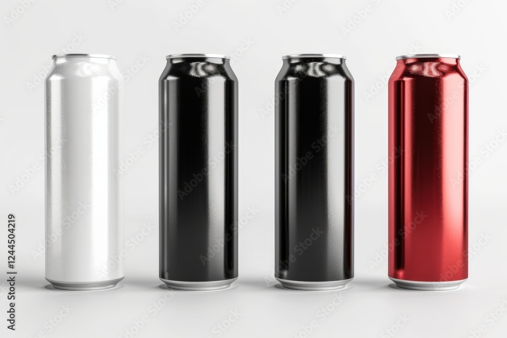 High-quality 3D render of aluminum slim cans in silver, white, black, and red, arranged on an isolated white background, perfect for beer can mockup templates High-quality 3D render of aluminum slim cans in silver, white, black, and red, arranged on an isolated white background, perfect for beer can mockup templates