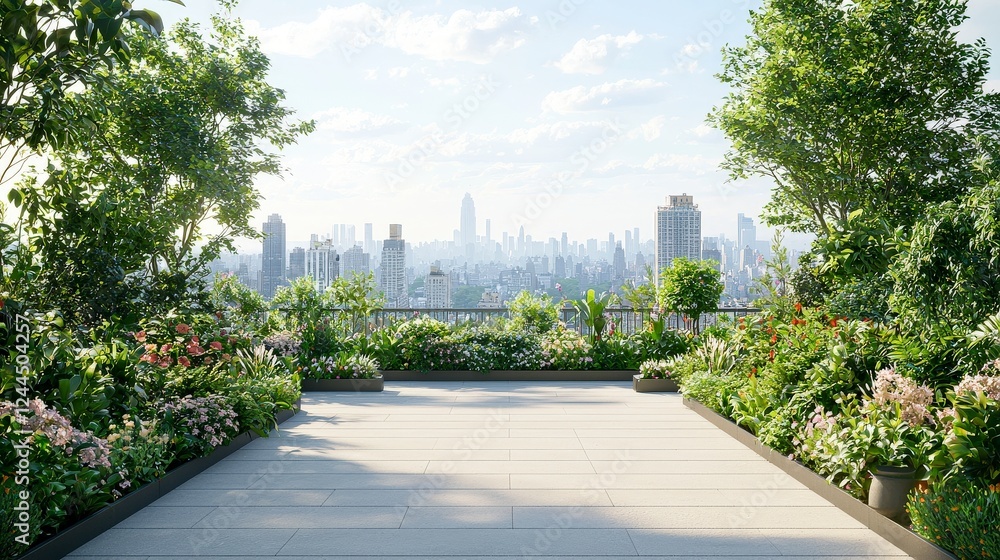Fototapeta premium A serene rooftop garden offers lush greenery and vibrant flowers against a stunning city skyline backdrop, perfect for urban relaxation and nature.