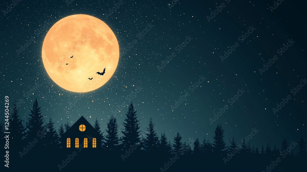 Naklejka premium A serene night scene featuring a large glowing moon above a cozy house surrounded by tall trees, casting a peaceful ambiance in the starry sky.