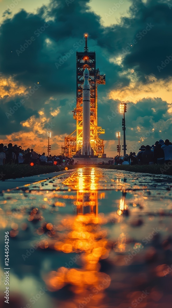Fototapeta premium Rocket launch pad spectators in the distance