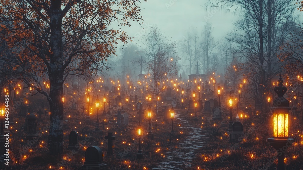 A serene graveyard illuminated by glowing lanterns amidst foggy surroundings. The peaceful atmosphere invites reflection and remembrance of the departed souls. A serene graveyard illuminated by glowing lanterns amidst foggy surroundings. The peaceful atmosphere invites reflection and remembrance of the departed souls.
