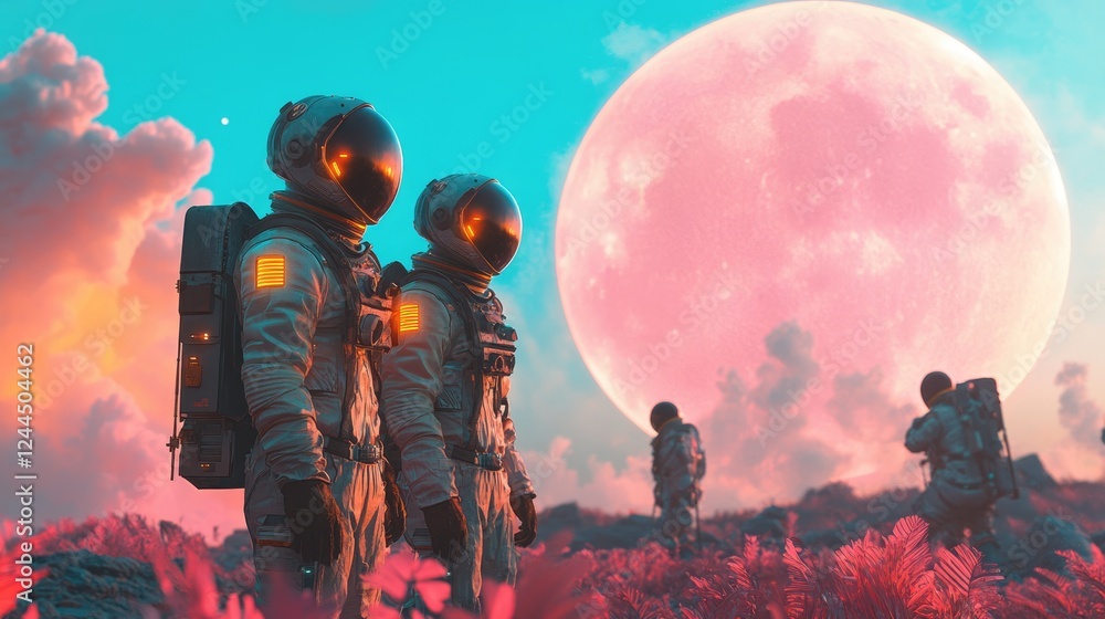Fototapeta premium Astronauts exploring a vibrant alien landscape under a large pink moon.