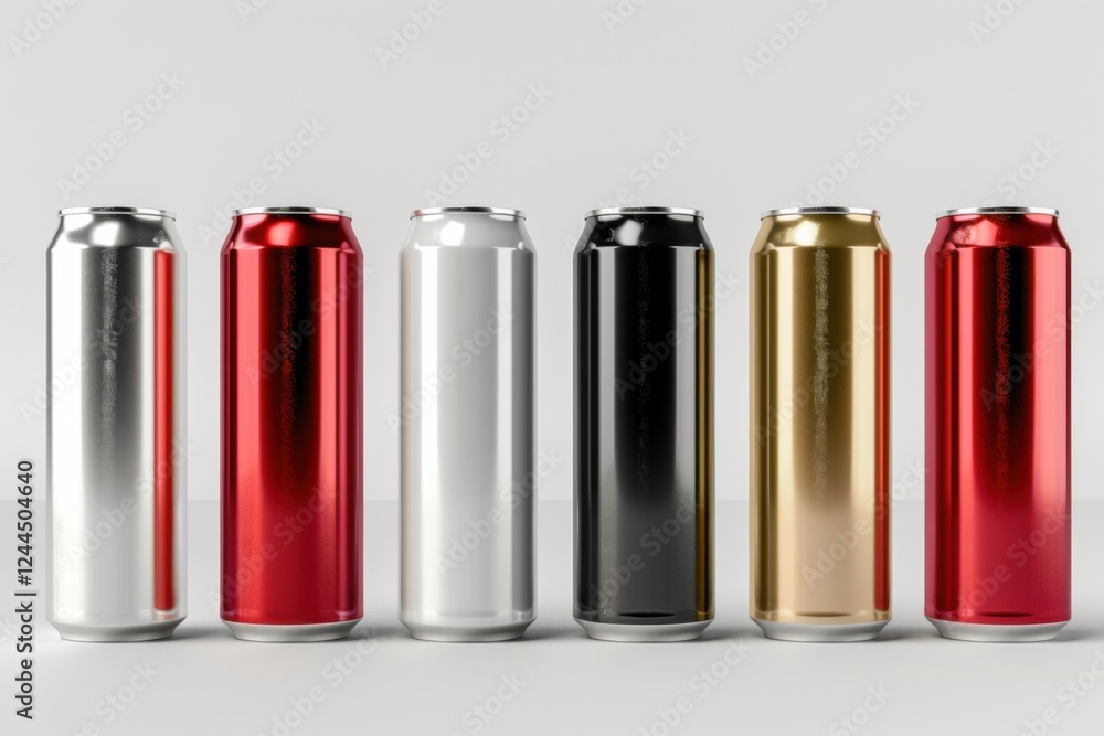 High-quality 3D render of aluminum slim cans in silver, white, black, and red, arranged on an isolated white background, perfect for beer can mockup templates High-quality 3D render of aluminum slim cans in silver, white, black, and red, arranged on an isolated white background, perfect for beer can mockup templates