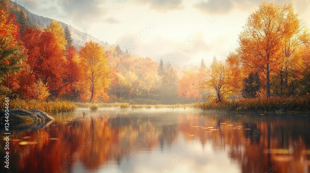 A serene autumn landscape featuring golden foliage reflecting on a tranquil lake, framed by distant mountains and soft morning light. A serene autumn landscape featuring golden foliage reflecting on a tranquil lake, framed by distant mountains and soft morning light.