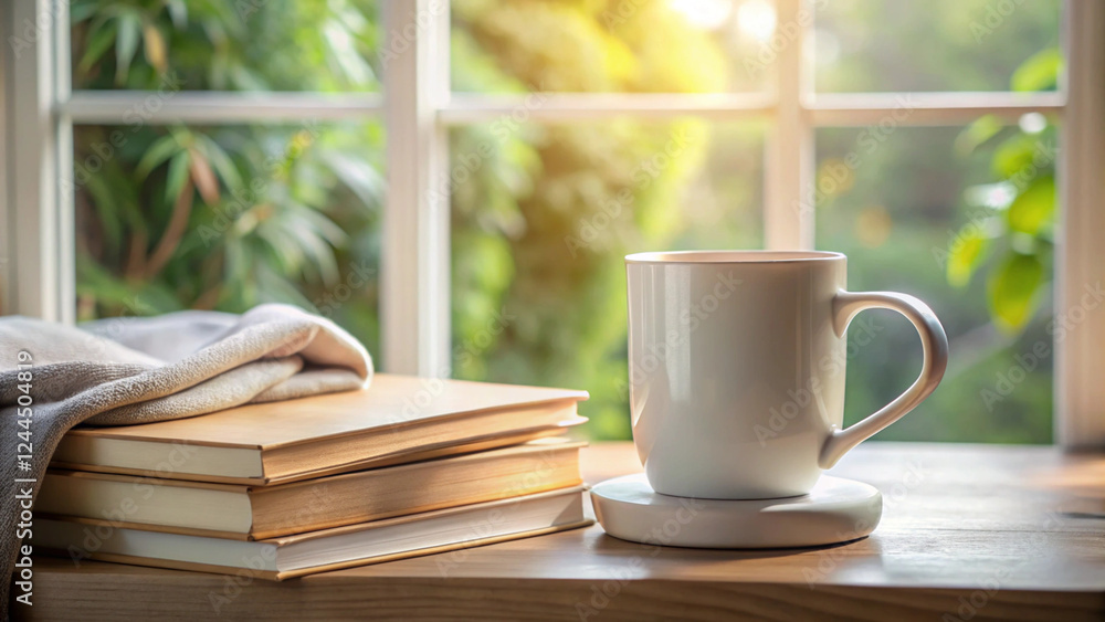 Blank Mug Mockup with Books and Potted Plant on a Dark Background Blank Mug Mockup with Books and Potted Plant on a Dark Background