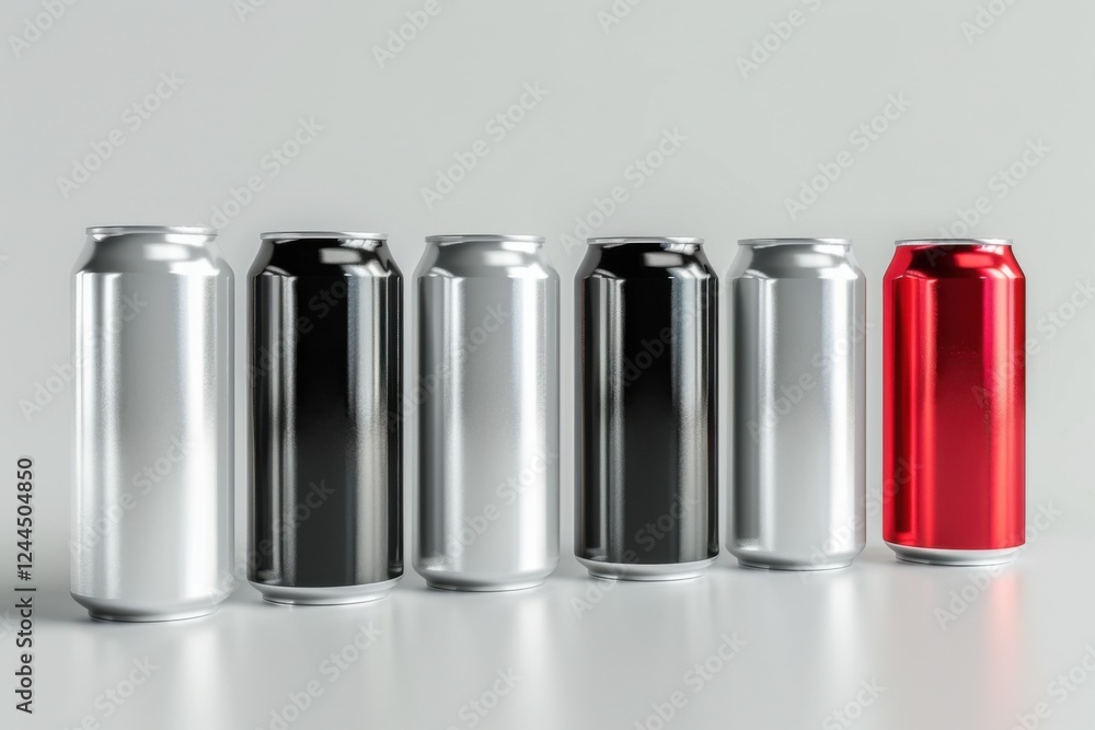 High-quality 3D render of aluminum slim cans in silver, white, black, and red, arranged on an isolated white background, perfect for beer can mockup templates High-quality 3D render of aluminum slim cans in silver, white, black, and red, arranged on an isolated white background, perfect for beer can mockup templates
