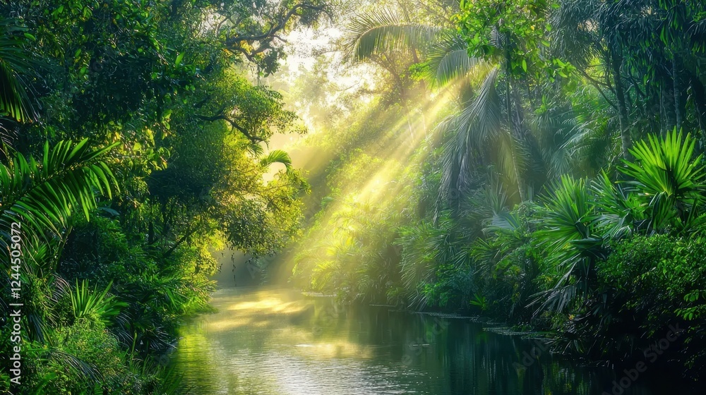 Lush tropical rainforest with sunlight streaming through the trees near a serene river Lush tropical rainforest with sunlight streaming through the trees near a serene river