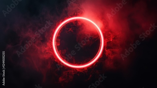 Red neon light ring with smoke on dark background. Luminous led circle with fog on black. Laser glow round frame with smoke effect. Abstract electric futuristic portal template for design or game