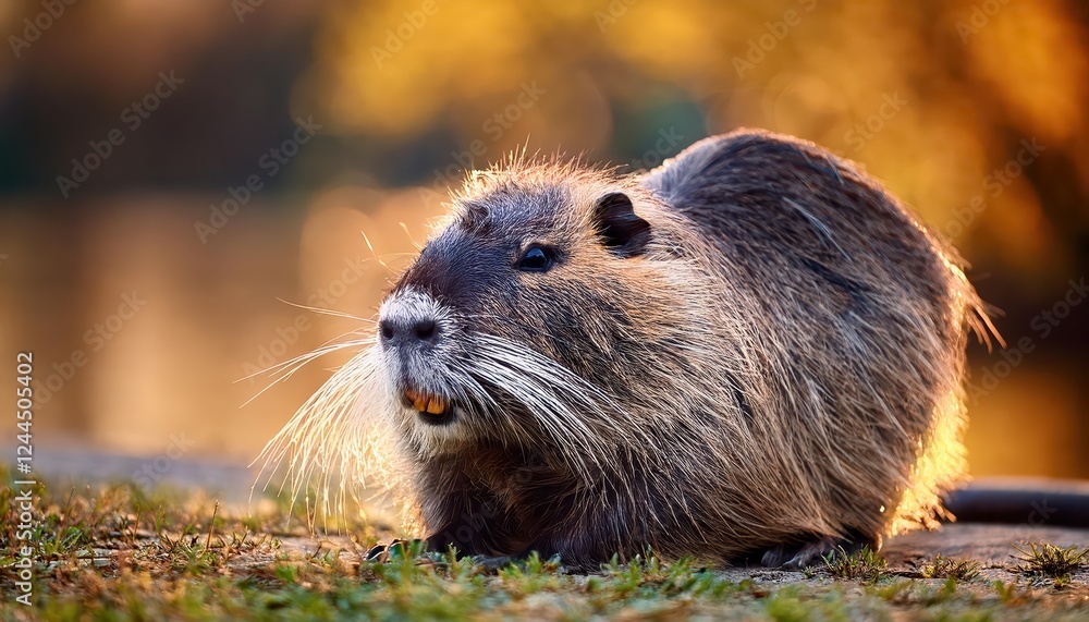 Striking Closeup of a Coypu in a City Park, European Evening, Detailed Portrayal of Myocastor Coypus amidst Greenery and Architecture Striking Closeup of a Coypu in a City Park, European Evening, Detailed Portrayal of Myocastor Coypus amidst Greenery and Architecture